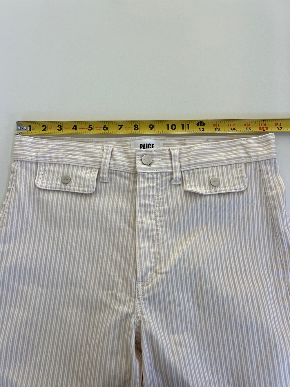PAIGE anessa tonal cream and tan stripe wide leg slight crop jeans raw hem 30 - Picture 7 of 10